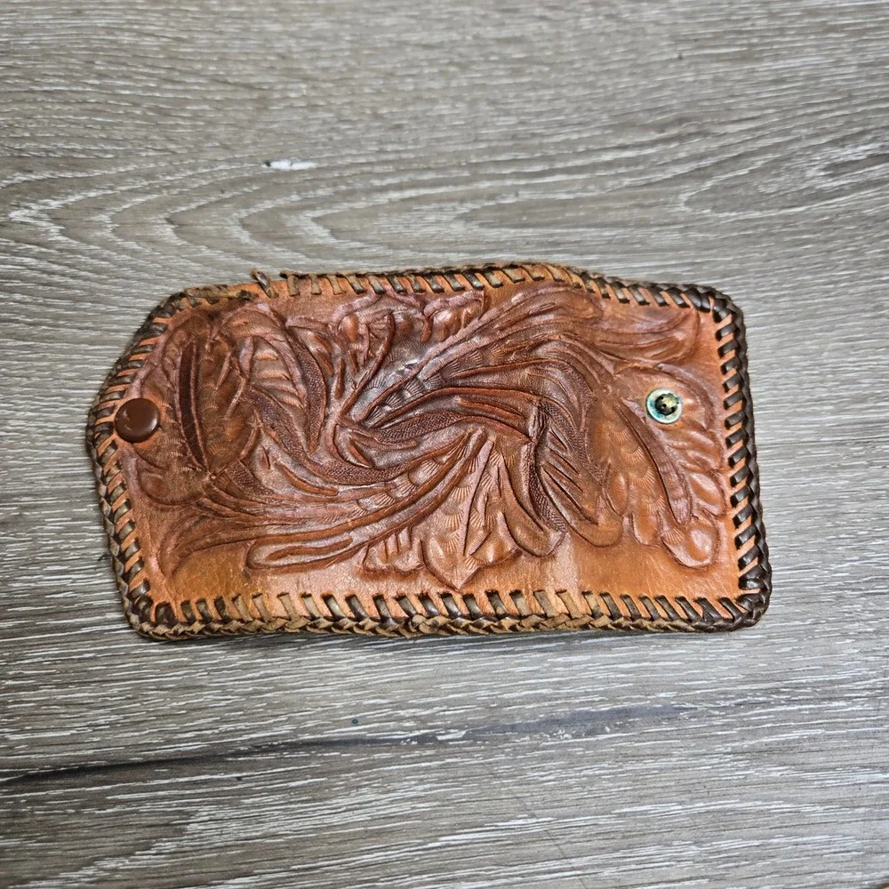 Vintage Hand Tooled Leather Key Case Walet Brown Floral Western